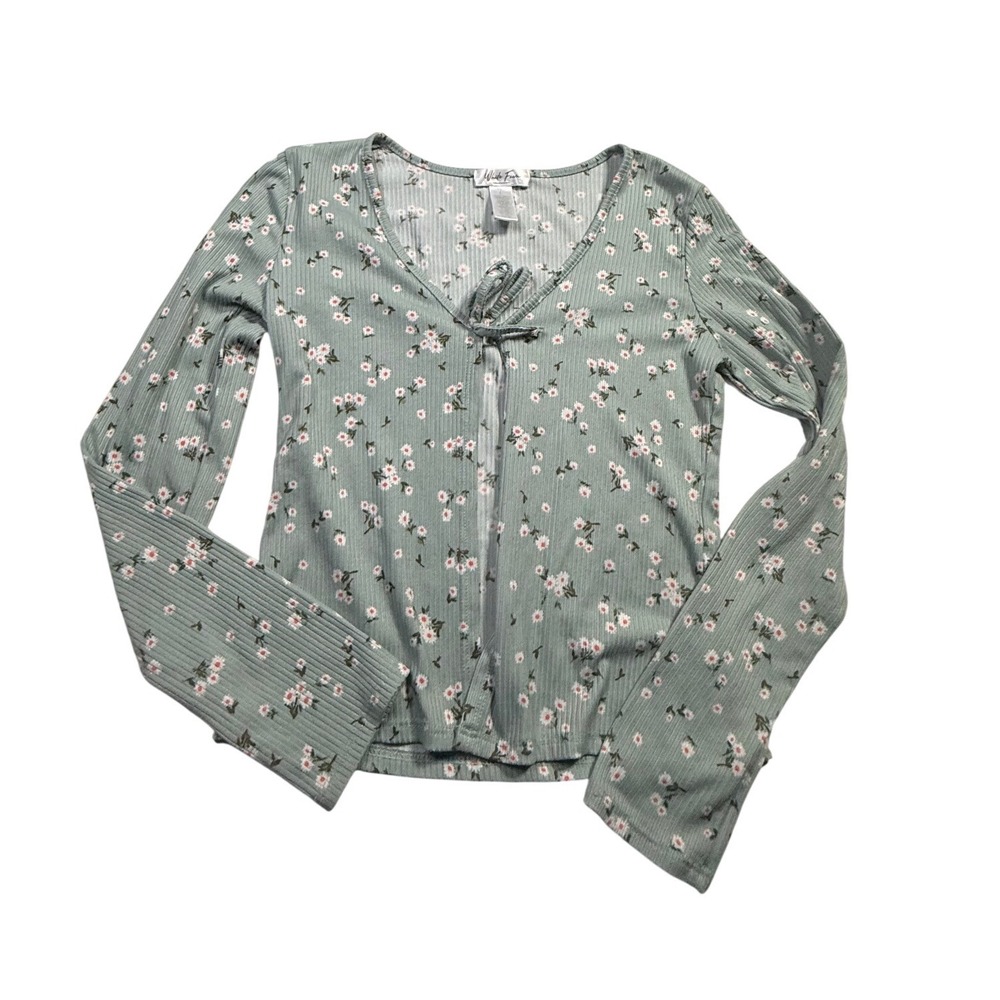 White Fawn‎ Sage Green Floral Ribbed Tie Front Cardigan Top Womens Large